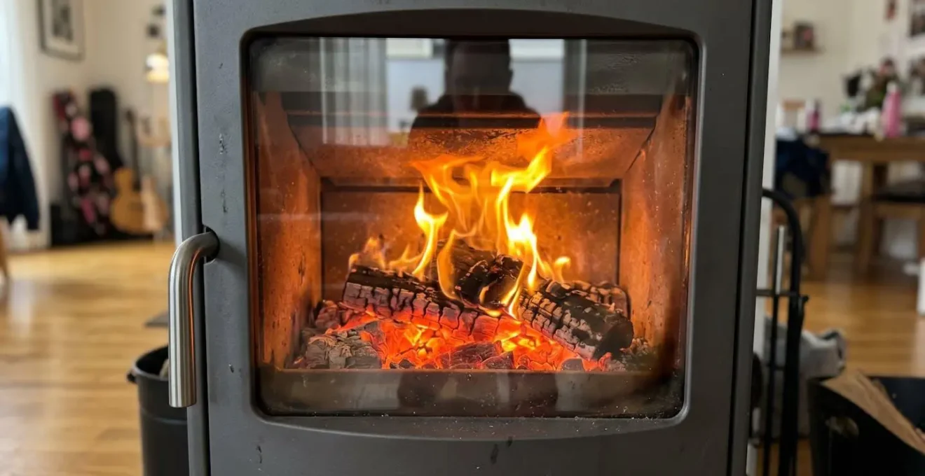 Flammes vives et claires visibles à travers la vitre d'un poêle à bois en fonctionnement, observées par un utilisateur dans un salon contemporain