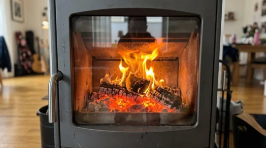 Flammes vives et claires visibles à travers la vitre d'un poêle à bois en fonctionnement, observées par un utilisateur dans un salon contemporain