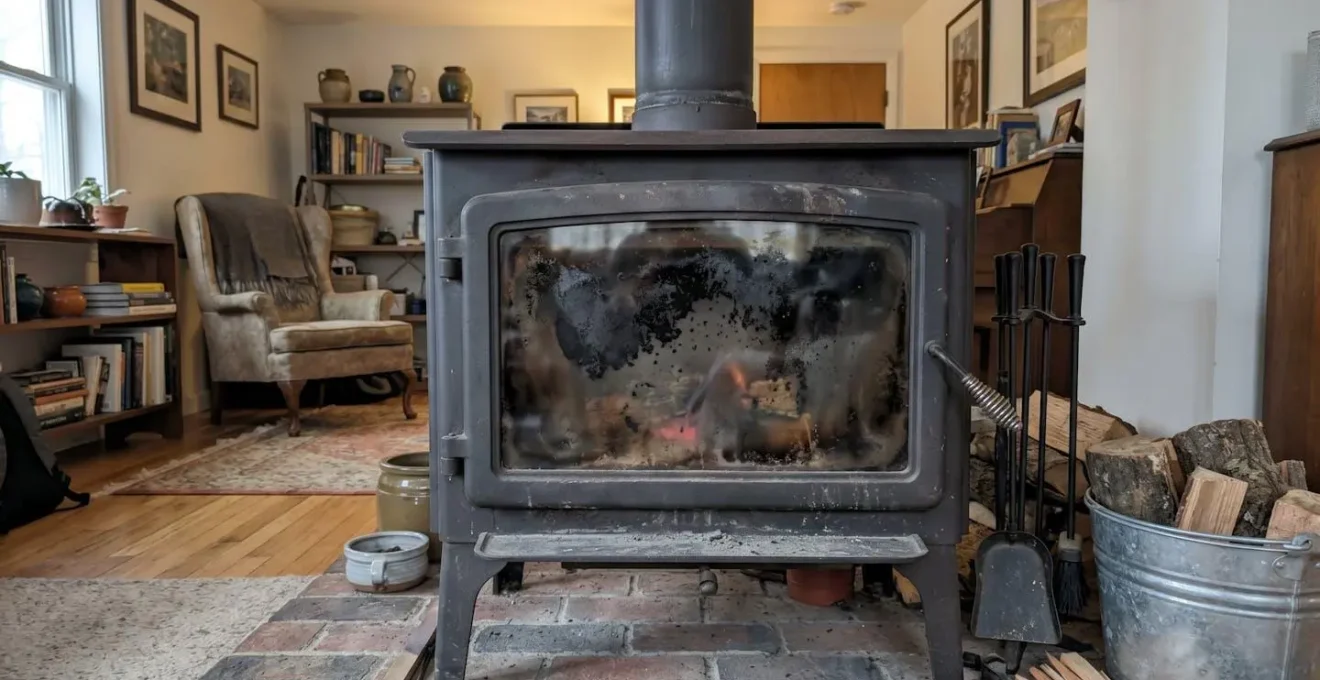 Vitre de porte de poêle à bois recouverte d'une épaisse couche de suie noire après quelques jours d'utilisation