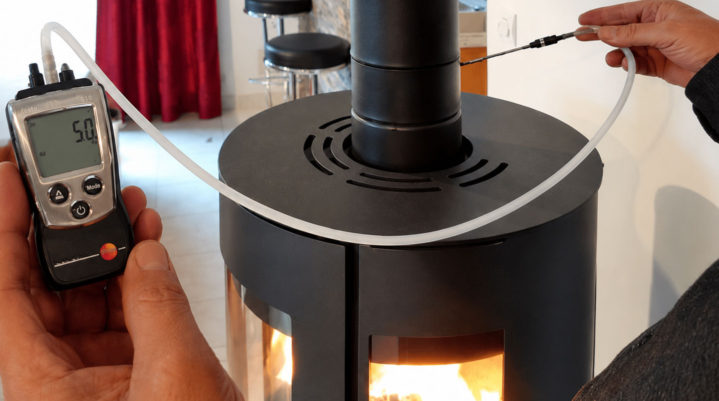 Main gantée tenant un manomètre analogique près d'un raccord de conduit de poêle à bois pour mesurer la dépression
