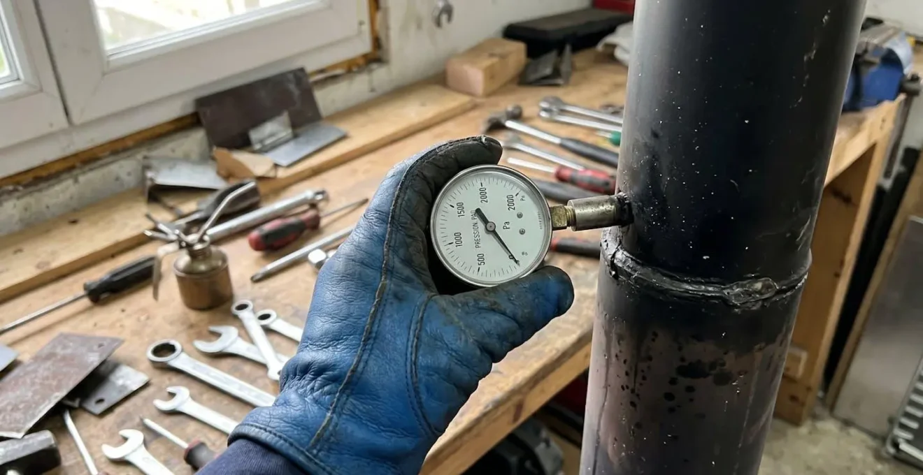 Main gantée tenant un manomètre analogique près d'un raccord de conduit de poêle à bois pour mesurer la dépression
