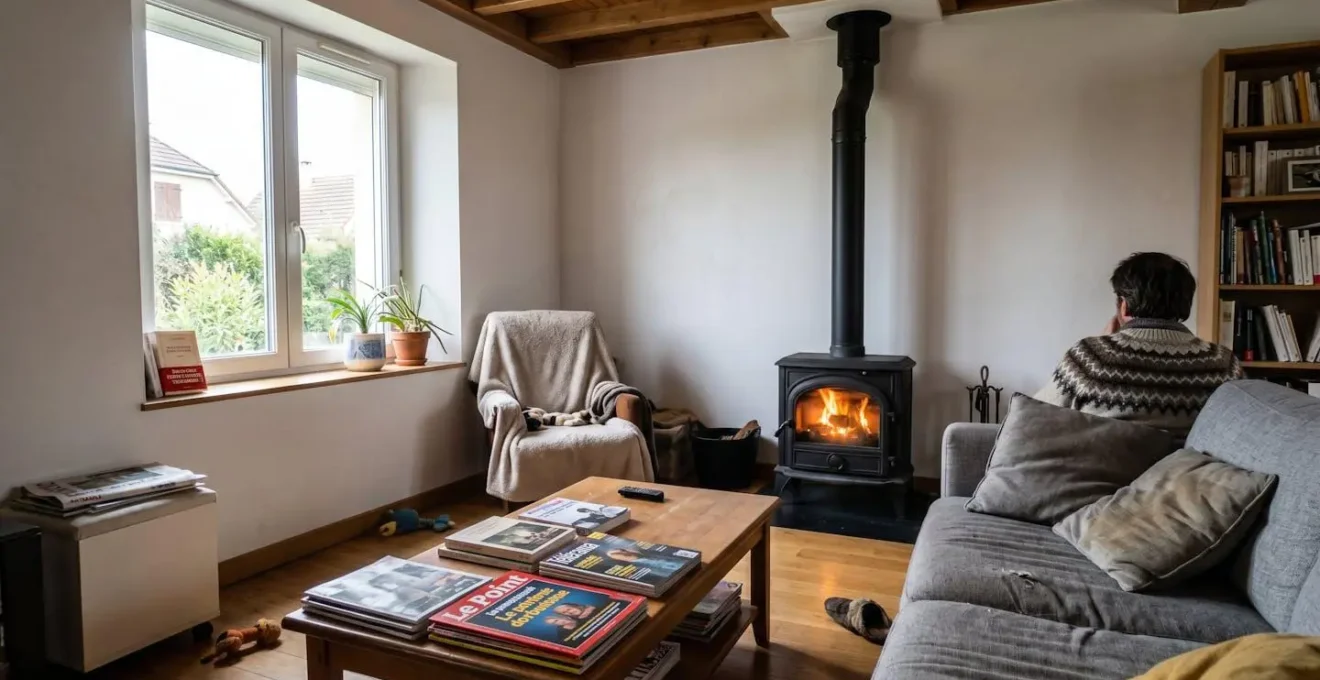 Poêle à bois en fonctionnement dans un salon contemporain avec conduit de fumée noir visible montant au plafond