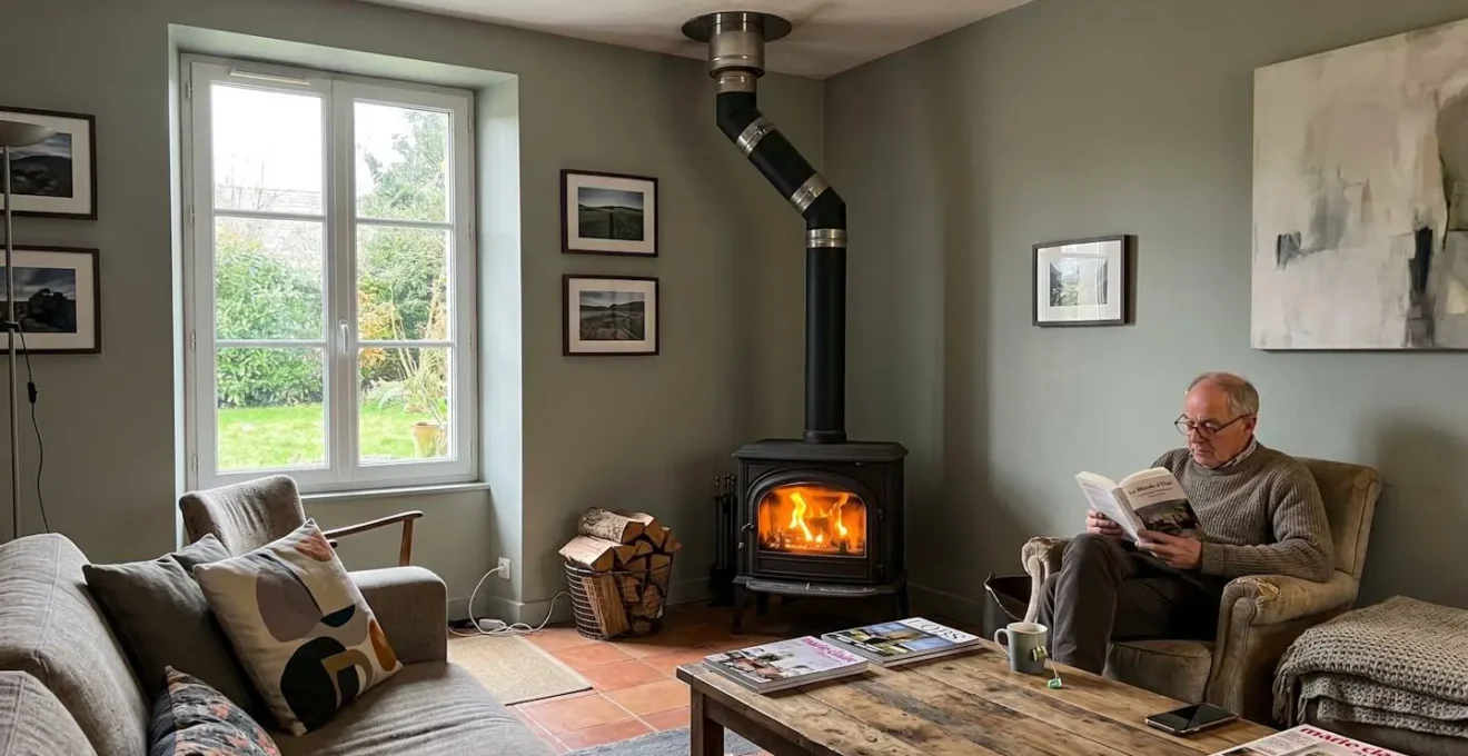 Poêle à bois en fonctionnement dans un salon contemporain avec conduit de fumée noir visible montant au plafond