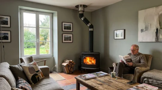 Poêle à bois en fonctionnement dans un salon contemporain avec conduit de fumée noir visible montant au plafond