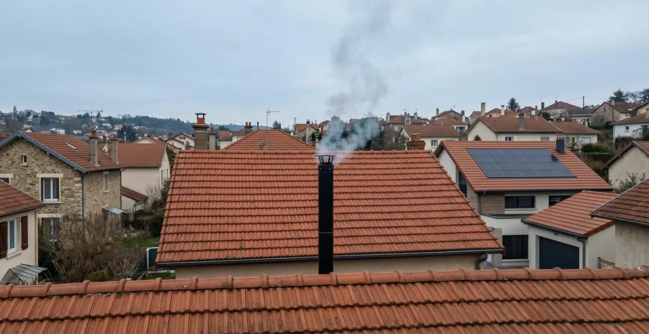 Toiture de maison française en tuiles avec conduit de poêle à bois dépassant le faîtage, légères volutes de fumée s'échappant