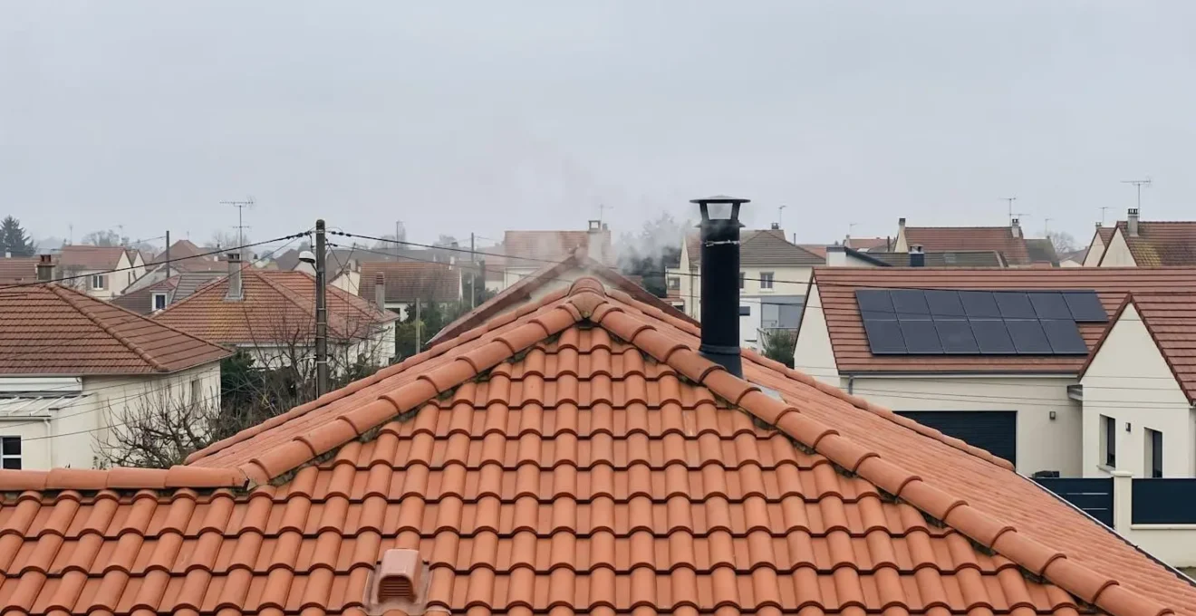 Toiture de maison française en tuiles avec conduit de poêle à bois dépassant le faîtage, légères volutes de fumée s'échappant