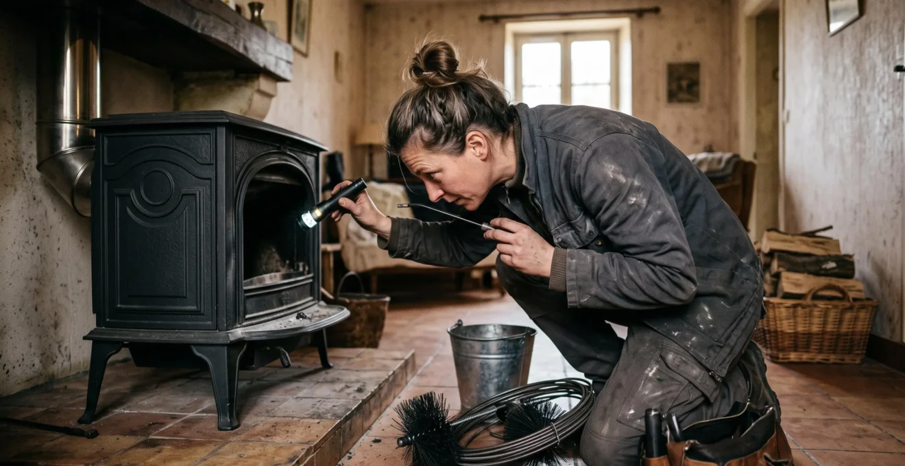 Ramoneur accroupi inspectant minutieusement l'intérieur d'un poêle à bois en fonte avec une lampe torche dans une habitation