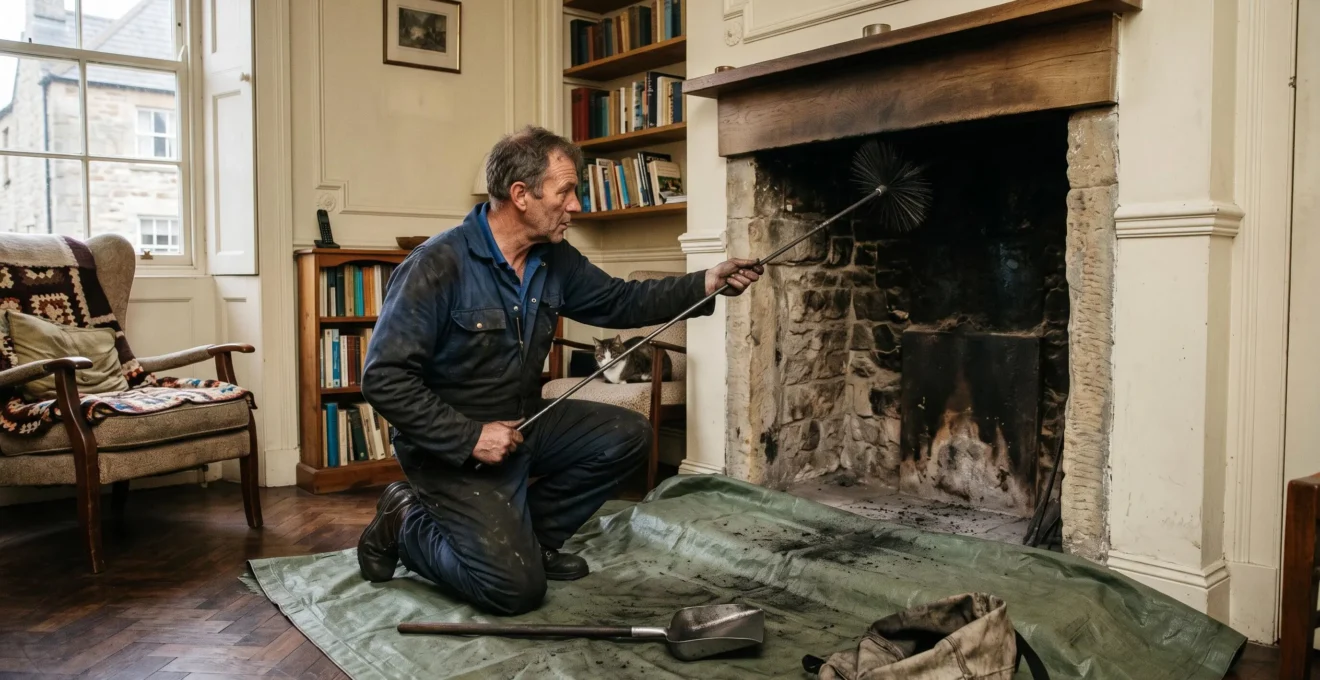 Ramoneur professionnel effectuant le ramonage d'une cheminée traditionnelle dans un salon français, manipulant une brosse hérisson montée sur perche