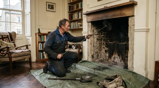 Ramoneur professionnel effectuant le ramonage d'une cheminée traditionnelle dans un salon français, manipulant une brosse hérisson montée sur perche