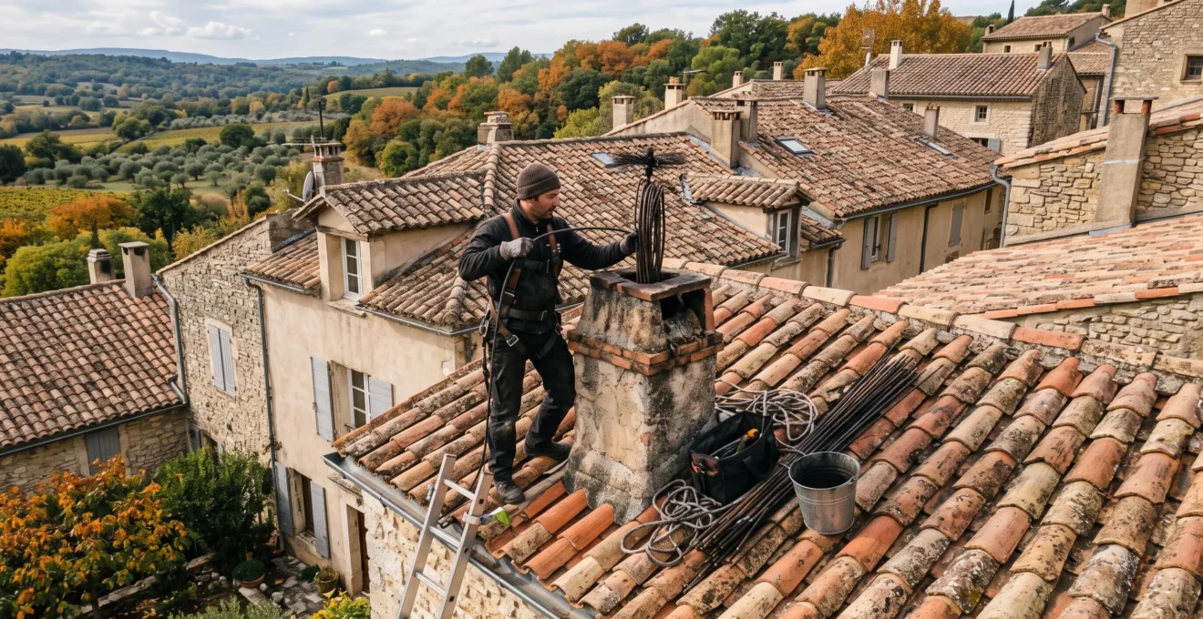 Ramoneur professionnel intervenant sur le conduit de cheminée depuis le toit en tuiles d'une maison française traditionnelle